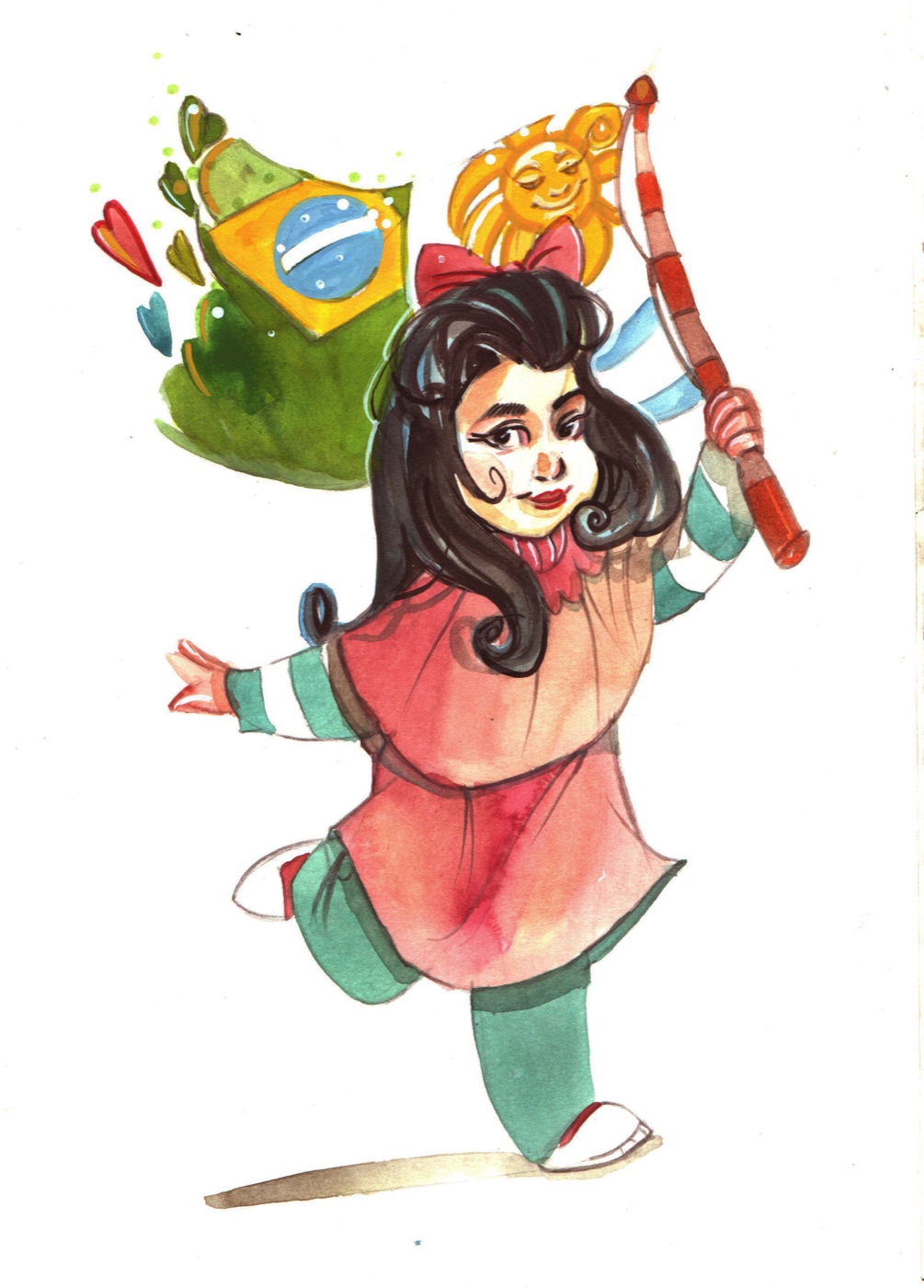 Ilustração da Carol correndo com as bandeiras do Brasil e do Uruguai