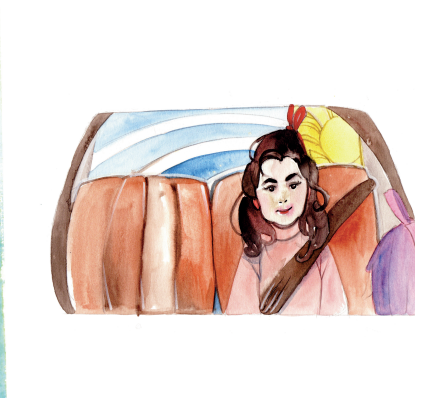 Ilustração de Carol sentada no banco do carro com cinto de segurança
